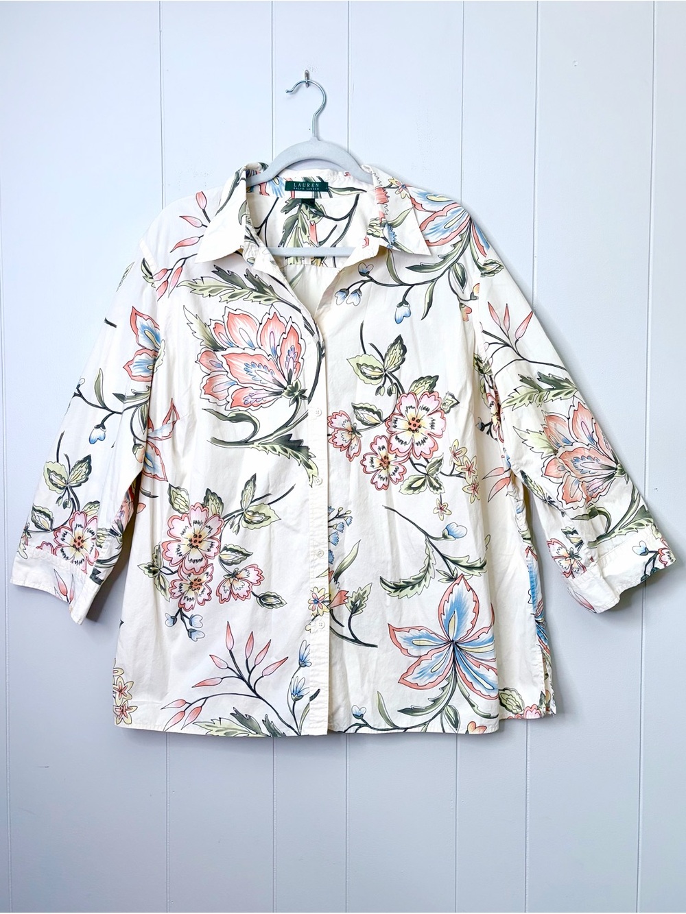 Lauren Ralph Lauren Cream Button Up Shirt Pastel Floral Botanical Print 2X